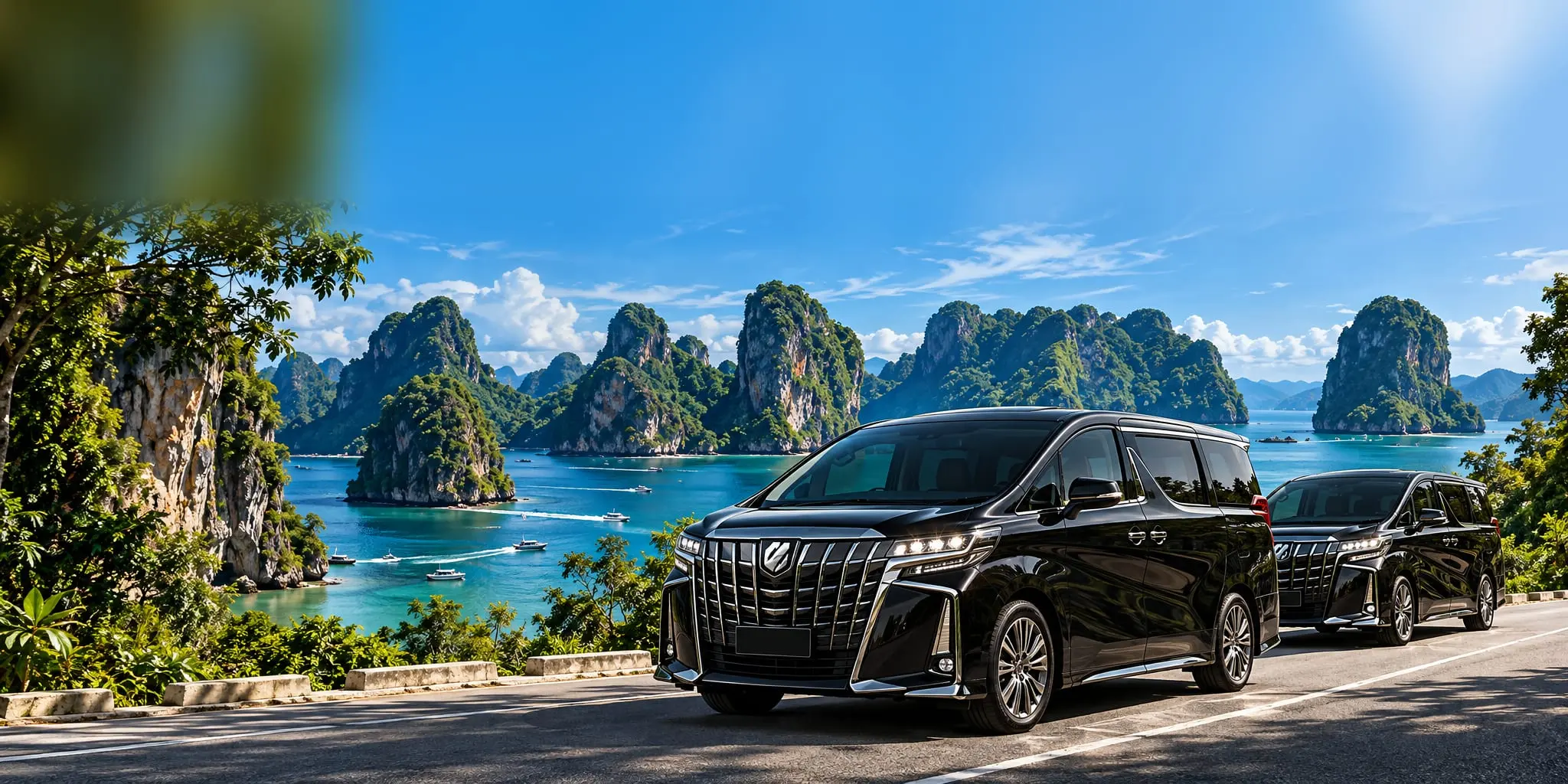 Toyota Alphard สีดำ 2 คัน บนถนนเลียบทะเล วิวเกาะหินปูนอ่าวพังงา